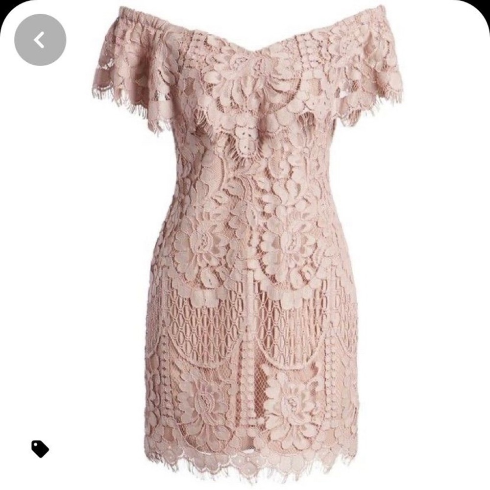 Wayf Blush Lace Off-Shoulder Mini Dress